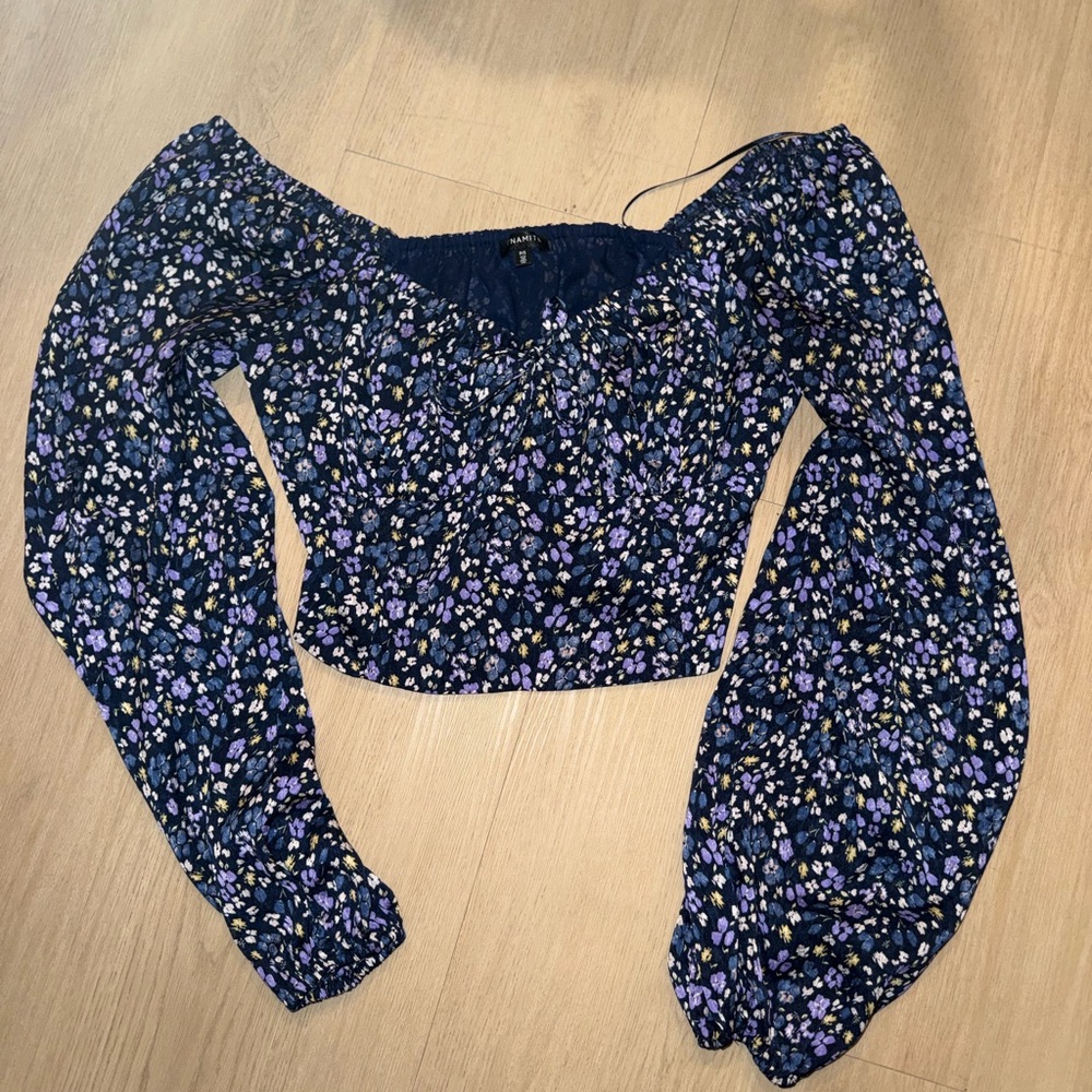 Dynamite Navy and Lavender Floral Off-Shoulder Blouse